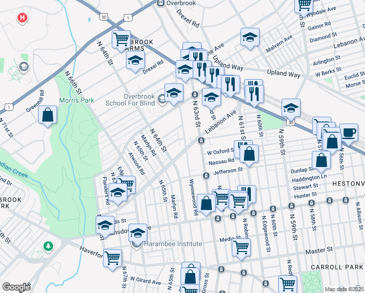 map of restaurants, bars, coffee shops, grocery stores, and more near 1800 Wynnewood Road in Philadelphia
