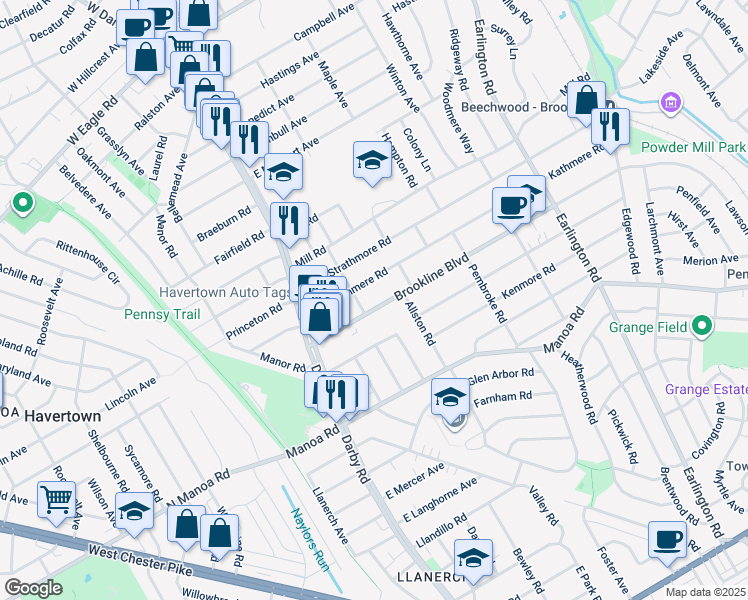 map of restaurants, bars, coffee shops, grocery stores, and more near 112 Brookline Boulevard in Havertown