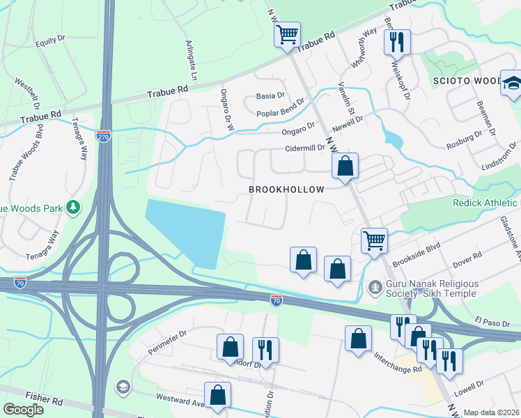 map of restaurants, bars, coffee shops, grocery stores, and more near 1256 Deer Lake Court in Columbus