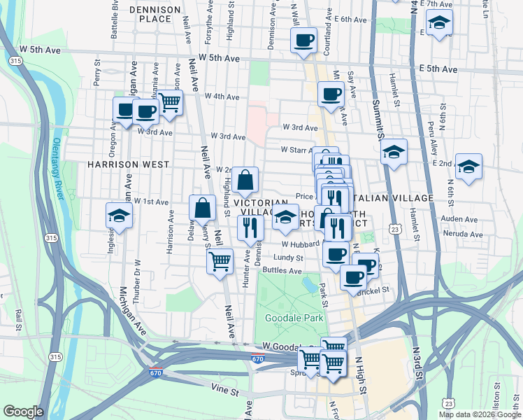 map of restaurants, bars, coffee shops, grocery stores, and more near 894 Dennison Avenue in Columbus
