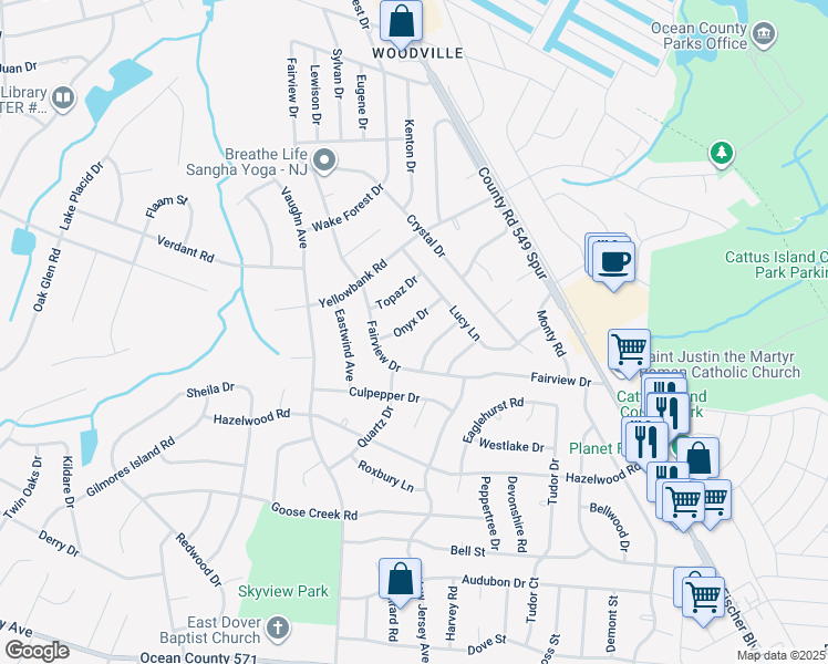 map of restaurants, bars, coffee shops, grocery stores, and more near 1019 Onyx Drive in Toms River