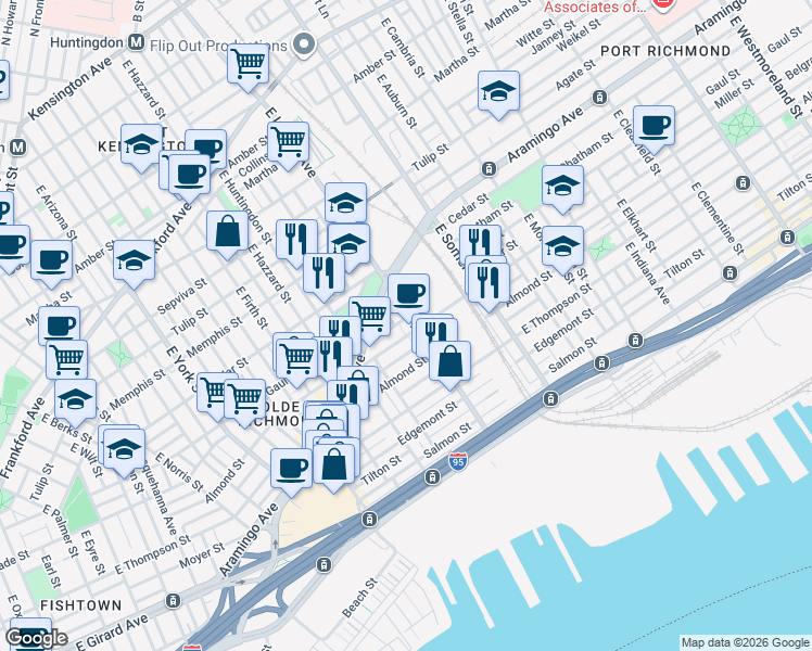 map of restaurants, bars, coffee shops, grocery stores, and more near 2653 Belgrade Street in Philadelphia