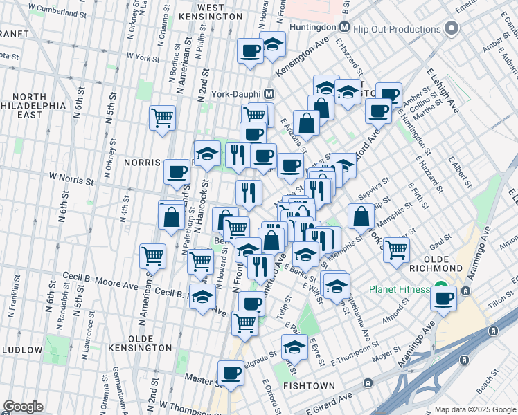 map of restaurants, bars, coffee shops, grocery stores, and more near 2137 East Norris Street in Philadelphia