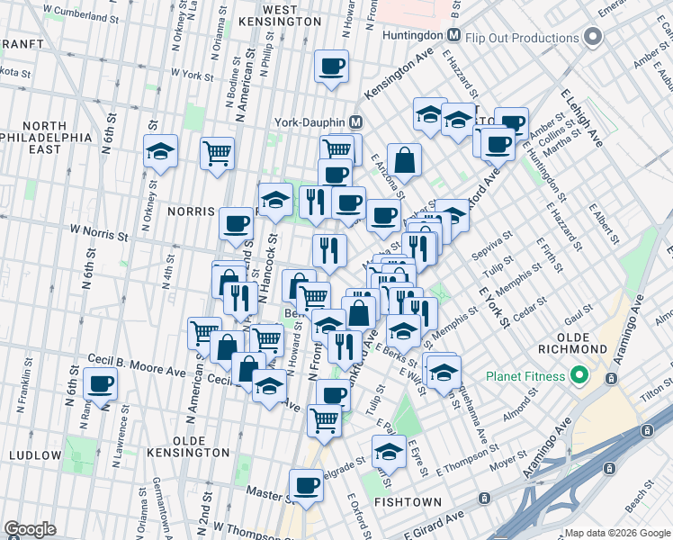 map of restaurants, bars, coffee shops, grocery stores, and more near 1936 North Front Street in Philadelphia