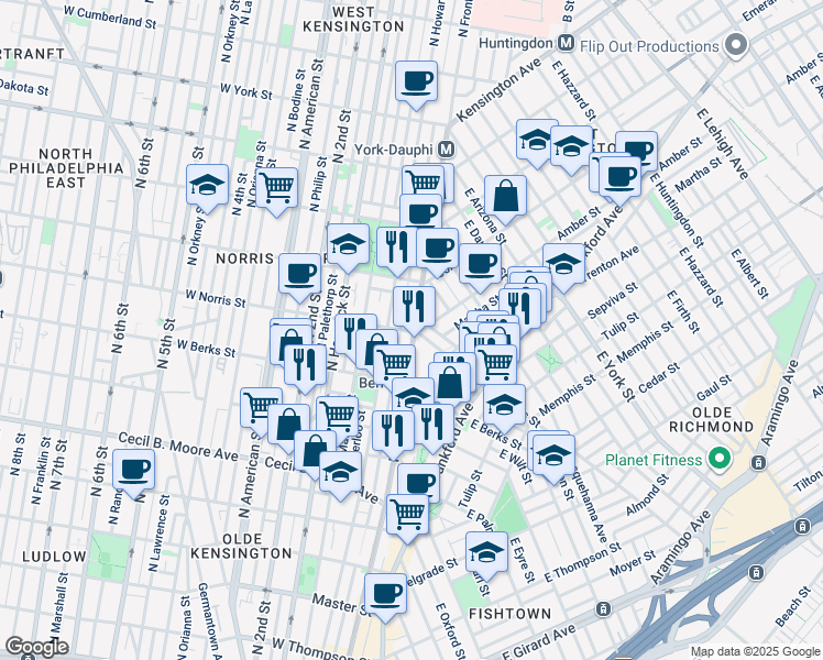 map of restaurants, bars, coffee shops, grocery stores, and more near 1936 North Front Street in Philadelphia