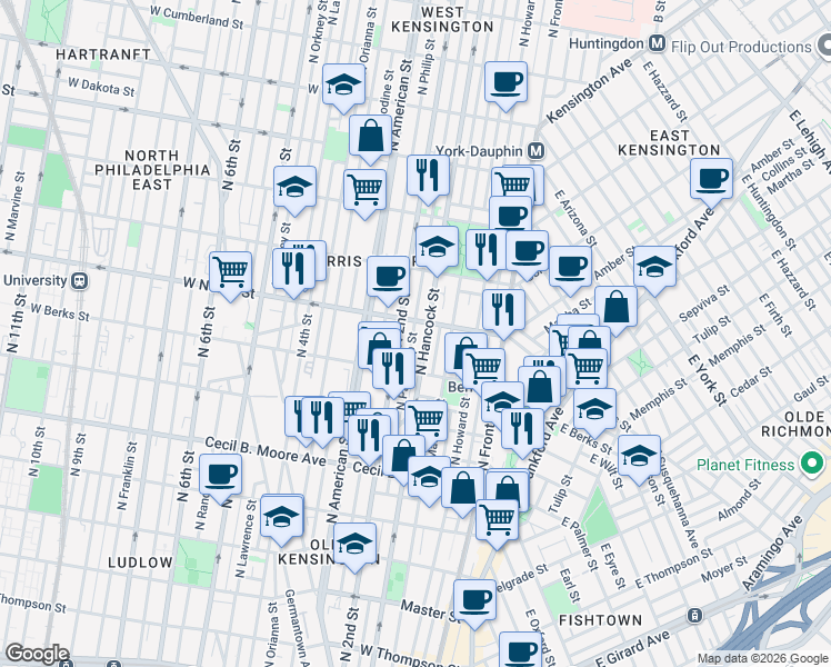 map of restaurants, bars, coffee shops, grocery stores, and more near 1906 North Hancock Street in Philadelphia