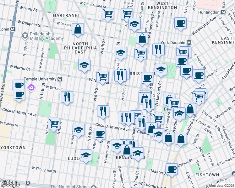 map of restaurants, bars, coffee shops, grocery stores, and more near in Philadelphia