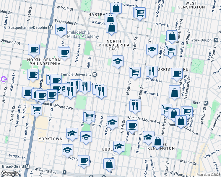 map of restaurants, bars, coffee shops, grocery stores, and more near 1809 North Franklin Street in Philadelphia