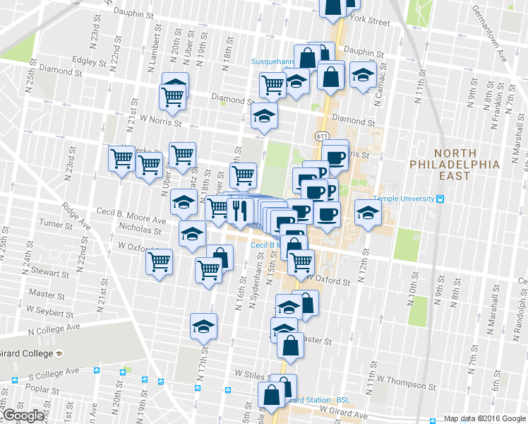 map of restaurants, bars, coffee shops, grocery stores, and more near in Philadelphia