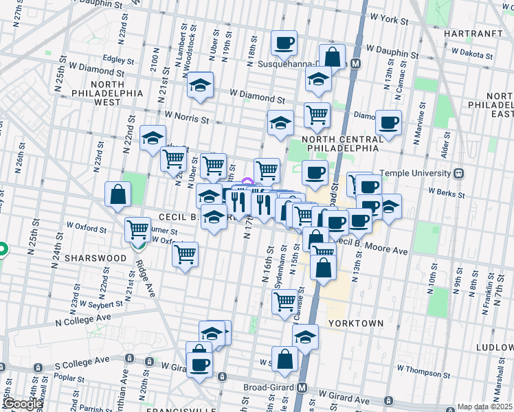 map of restaurants, bars, coffee shops, grocery stores, and more near 1601 Cecil B. Moore Avenue in Philadelphia