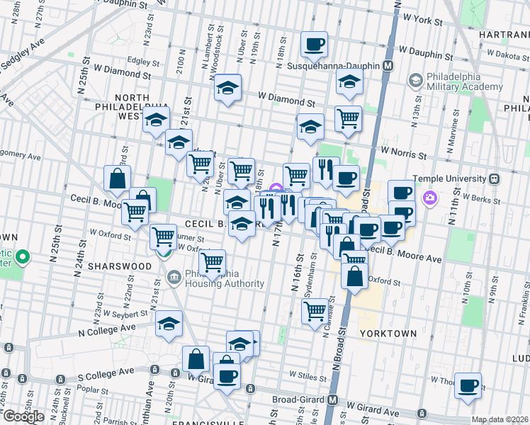 map of restaurants, bars, coffee shops, grocery stores, and more near 1723 Cecil B. Moore Avenue in Philadelphia