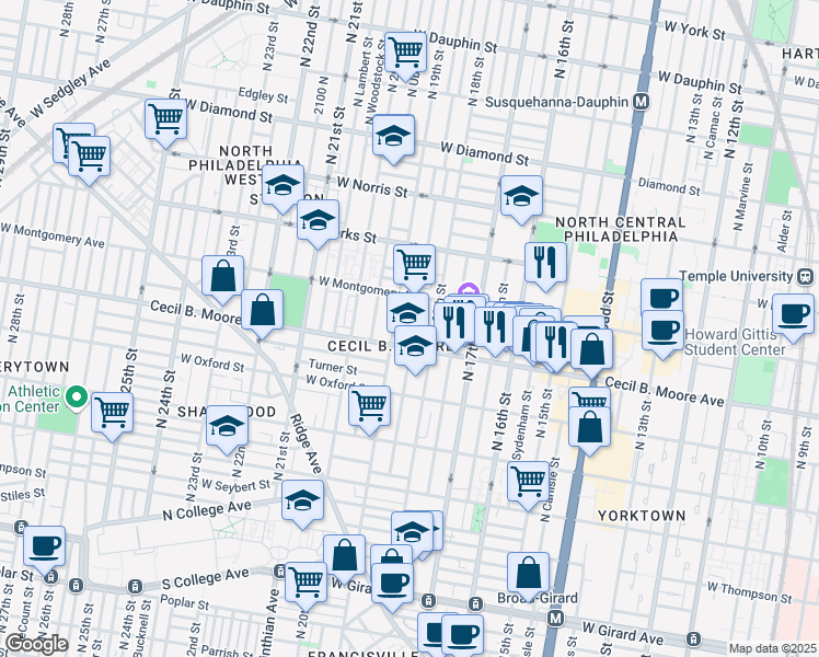 map of restaurants, bars, coffee shops, grocery stores, and more near 1820 Cecil B. Moore Avenue in Philadelphia