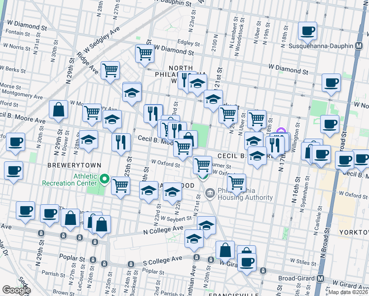 map of restaurants, bars, coffee shops, grocery stores, and more near 2144 Cecil B. Moore Avenue in Philadelphia