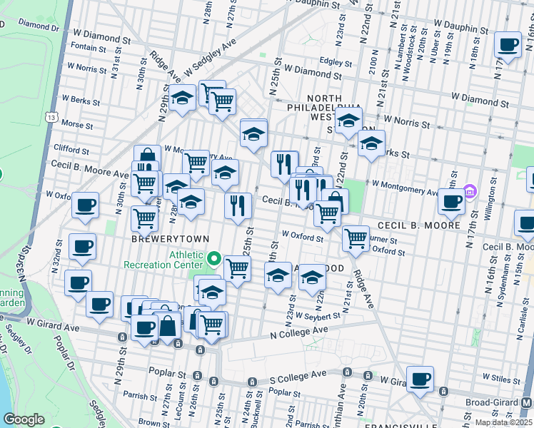 map of restaurants, bars, coffee shops, grocery stores, and more near 2434 West Oxford Street in Philadelphia