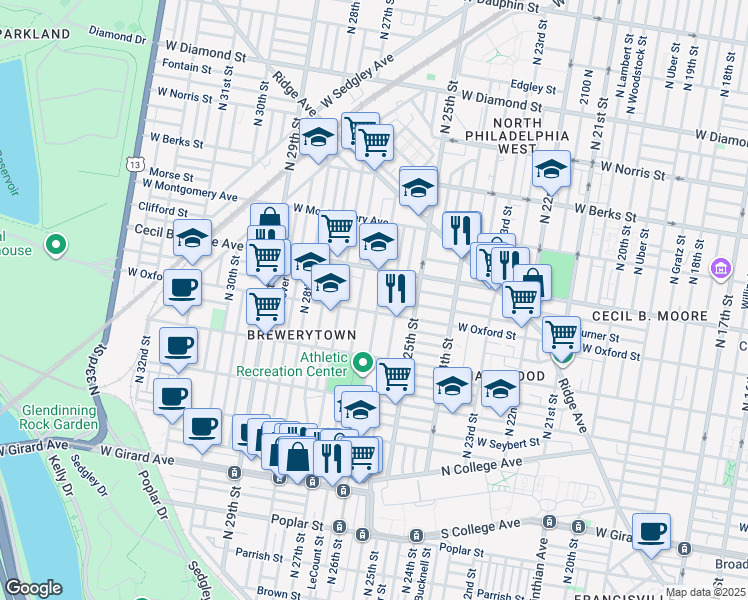 map of restaurants, bars, coffee shops, grocery stores, and more near 1540 North Stillman Street in Philadelphia