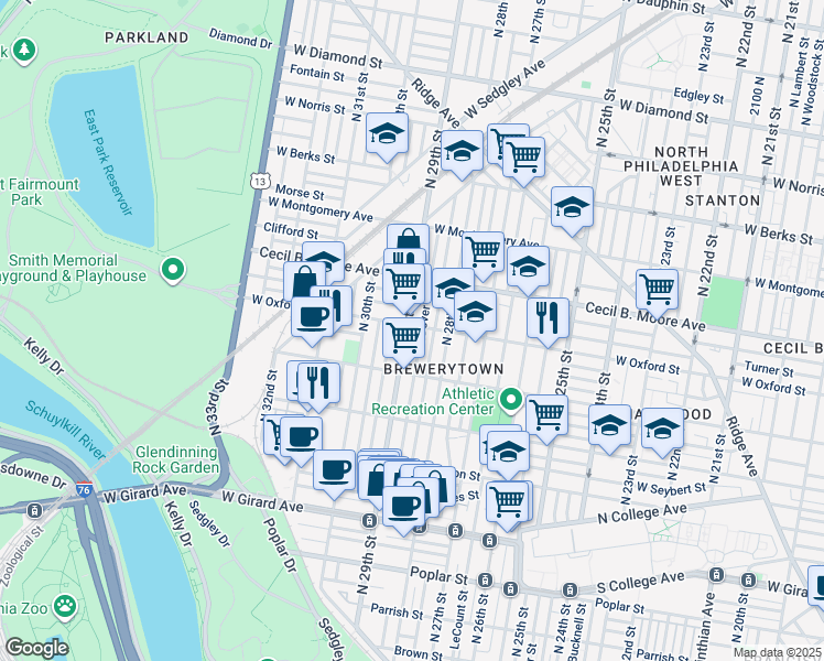 map of restaurants, bars, coffee shops, grocery stores, and more near in Philadelphia