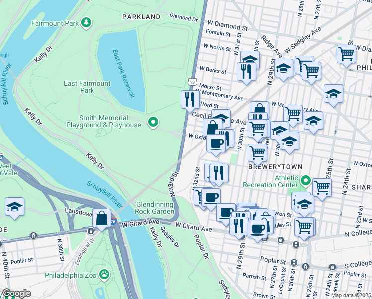 map of restaurants, bars, coffee shops, grocery stores, and more near 1501-5 North 33rd Street in Philadelphia