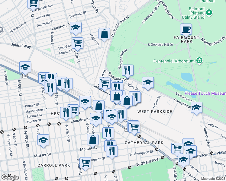 map of restaurants, bars, coffee shops, grocery stores, and more near 5228 Jefferson Street in Philadelphia