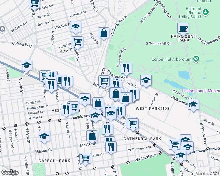 map of restaurants, bars, coffee shops, grocery stores, and more near 5228 Jefferson Street in Philadelphia