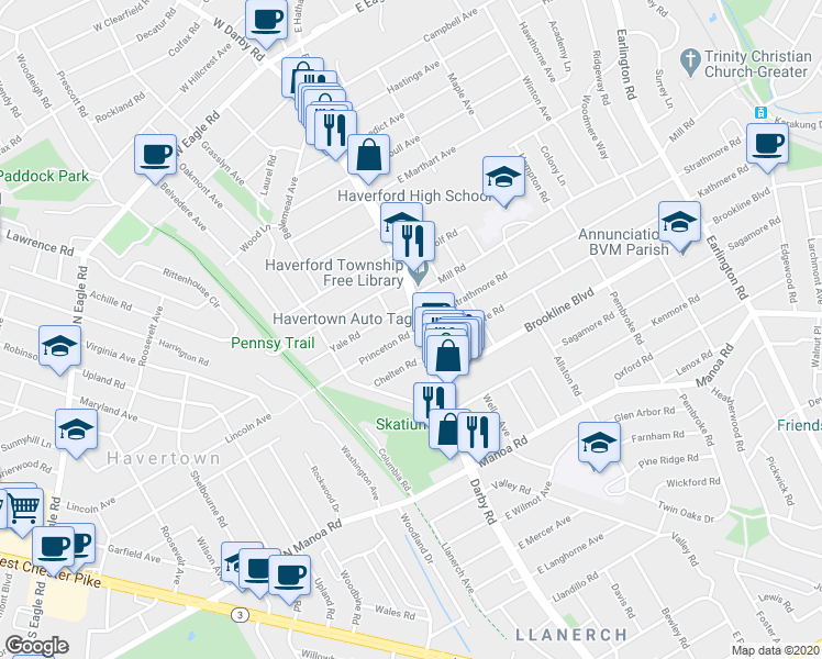 map of restaurants, bars, coffee shops, grocery stores, and more near 13 Princeton Road in Havertown