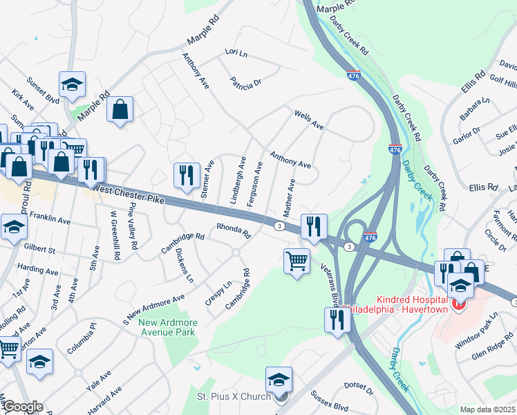 map of restaurants, bars, coffee shops, grocery stores, and more near in Delaware County