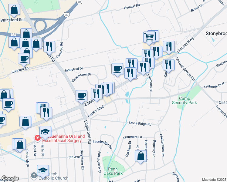 map of restaurants, bars, coffee shops, grocery stores, and more near 3434 East Market Street in York
