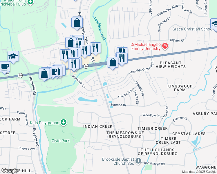 map of restaurants, bars, coffee shops, grocery stores, and more near 168 Reynoldsburg - New Albany Road in Blacklick