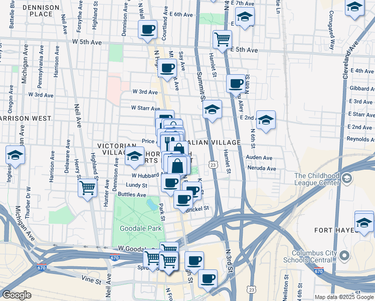 map of restaurants, bars, coffee shops, grocery stores, and more near in Columbus