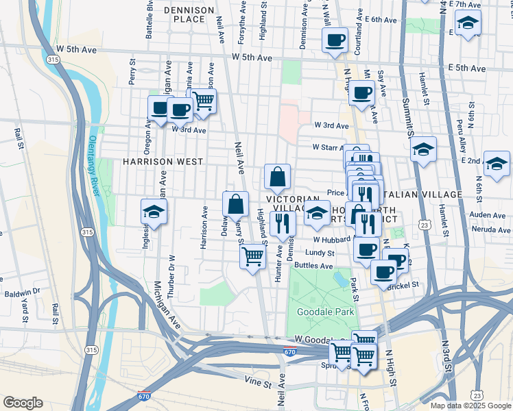 map of restaurants, bars, coffee shops, grocery stores, and more near in Columbus