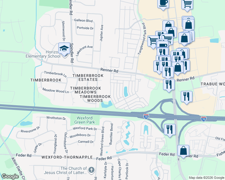 map of restaurants, bars, coffee shops, grocery stores, and more near 1396 Bellow Falls Place in Columbus