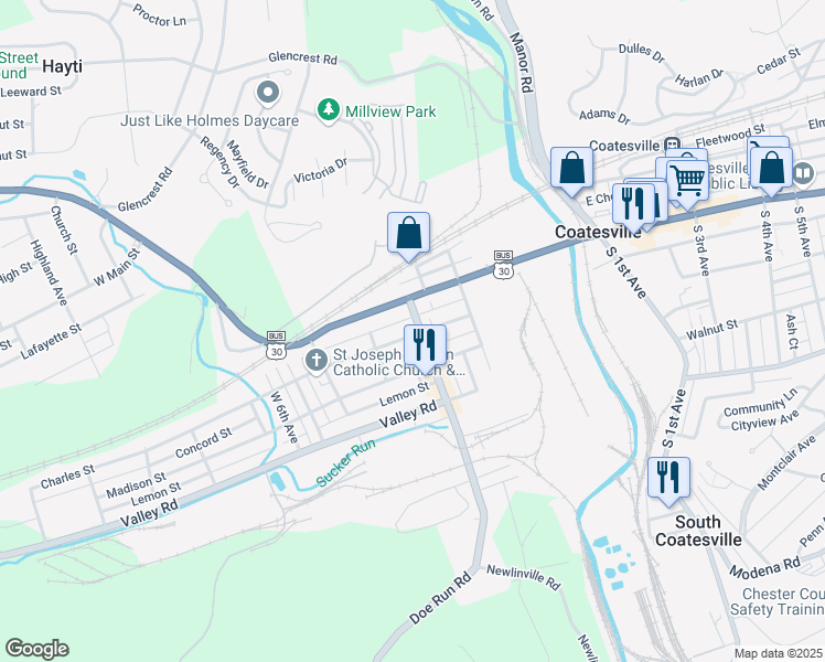 map of restaurants, bars, coffee shops, grocery stores, and more near 309 Charles Street in Coatesville