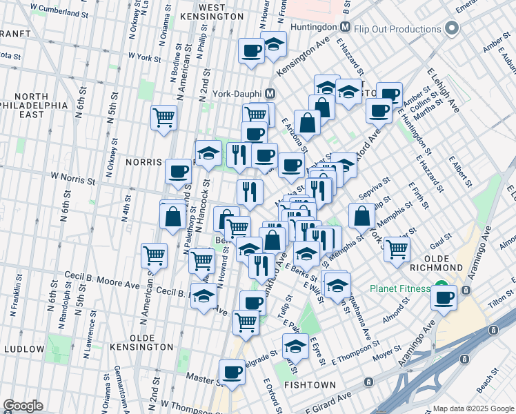 map of restaurants, bars, coffee shops, grocery stores, and more near 2102 Berges Street in Philadelphia