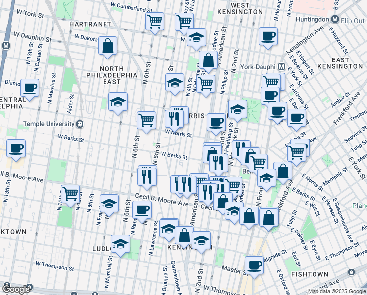 map of restaurants, bars, coffee shops, grocery stores, and more near 1926 North Orianna Street in Philadelphia