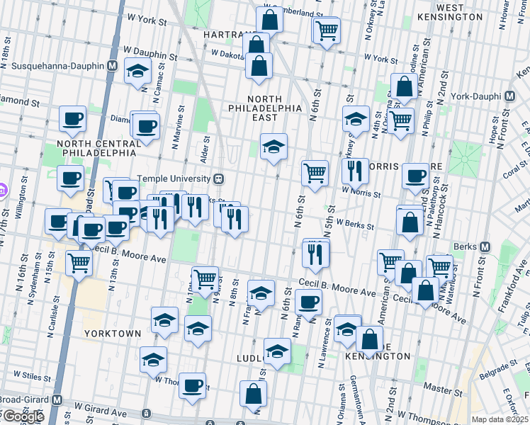 map of restaurants, bars, coffee shops, grocery stores, and more near 714 West Berks Street in Philadelphia