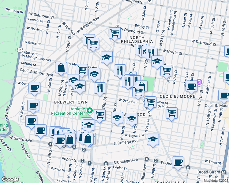 map of restaurants, bars, coffee shops, grocery stores, and more near 2412 Nicholas Street in Philadelphia