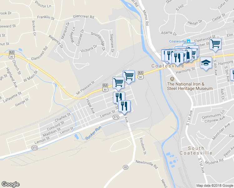 map of restaurants, bars, coffee shops, grocery stores, and more near 52 Strode Avenue in Coatesville