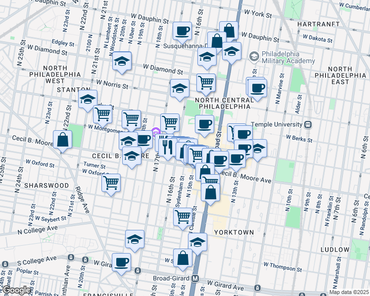 map of restaurants, bars, coffee shops, grocery stores, and more near 1744 North Sydenham Street in Philadelphia