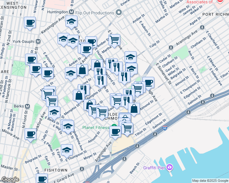 map of restaurants, bars, coffee shops, grocery stores, and more near 2538 Cedar Street in Philadelphia