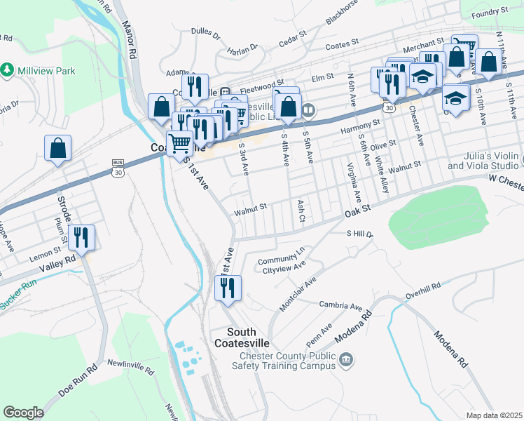 map of restaurants, bars, coffee shops, grocery stores, and more near 137 South 3rd Avenue in Coatesville