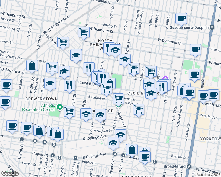 map of restaurants, bars, coffee shops, grocery stores, and more near 2144 Cecil B. Moore Avenue in Philadelphia