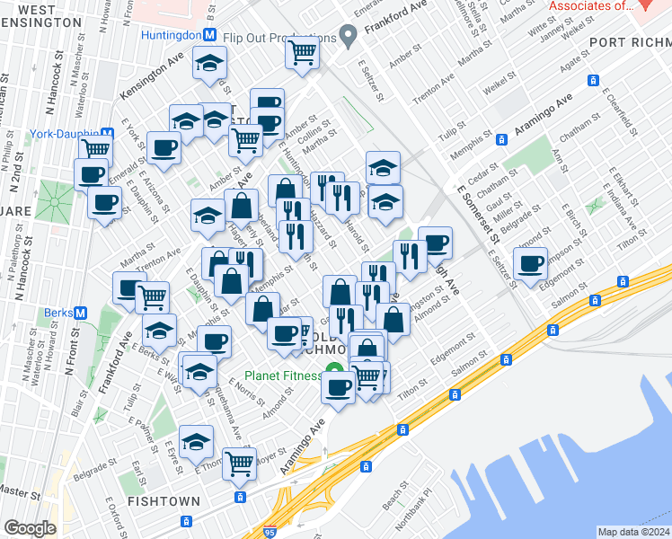 map of restaurants, bars, coffee shops, grocery stores, and more near 2538 Cedar Street in Philadelphia