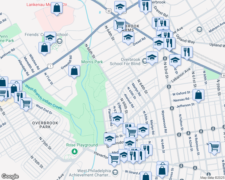 map of restaurants, bars, coffee shops, grocery stores, and more near 1120 North 66th Street in Philadelphia