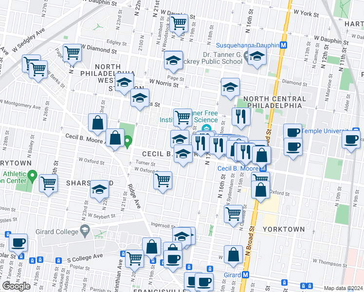 map of restaurants, bars, coffee shops, grocery stores, and more near 1712 North Gratz Street in Philadelphia