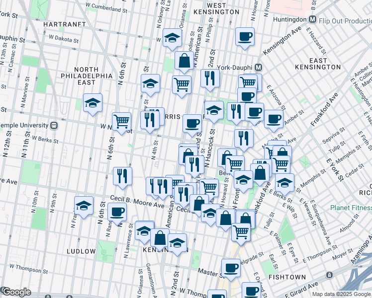 map of restaurants, bars, coffee shops, grocery stores, and more near 1909 North Philip Street in Philadelphia