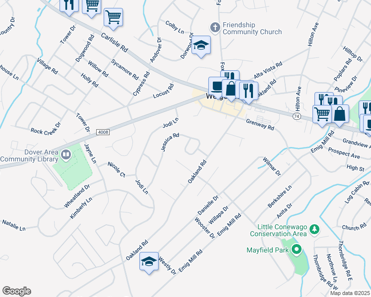 map of restaurants, bars, coffee shops, grocery stores, and more near 2572 Abby Lane in Dover