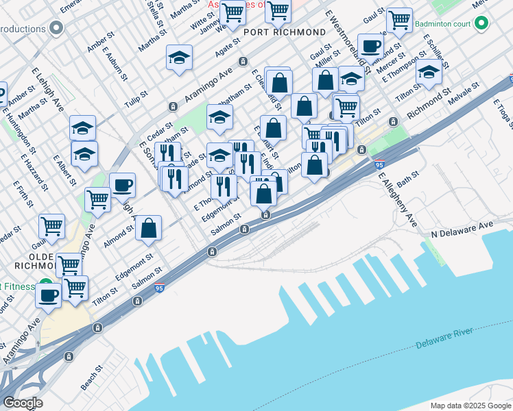 map of restaurants, bars, coffee shops, grocery stores, and more near 2941 Salmon Street in Philadelphia