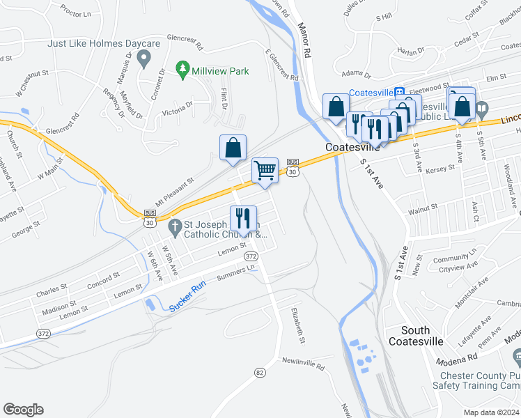 map of restaurants, bars, coffee shops, grocery stores, and more near 226 Charles Street in Coatesville