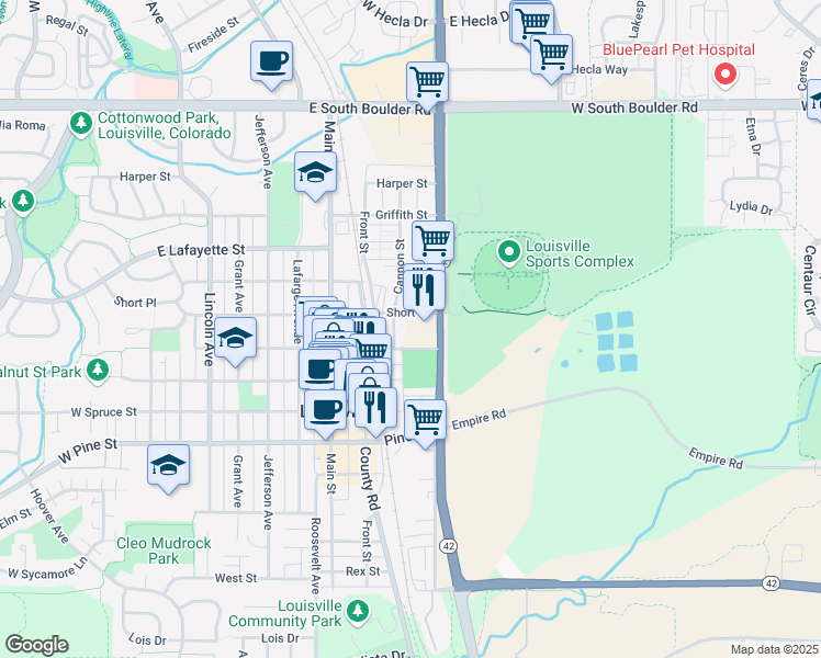 map of restaurants, bars, coffee shops, grocery stores, and more near 1181 South Street in Louisville
