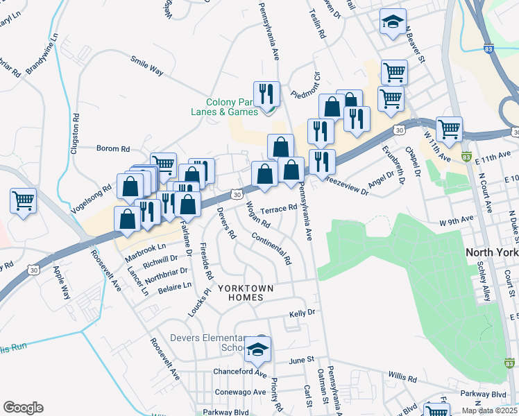 map of restaurants, bars, coffee shops, grocery stores, and more near 741 Terrace Road in York