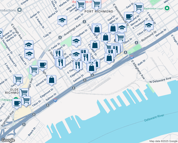 map of restaurants, bars, coffee shops, grocery stores, and more near 2941 Salmon Street in Philadelphia